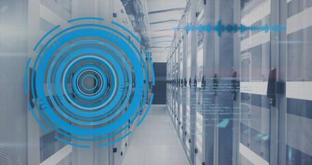 Image of digital data processing over server room