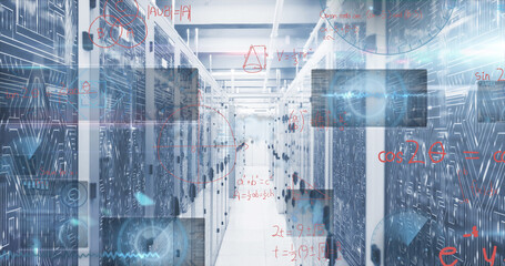 Image of digital data processing over server room