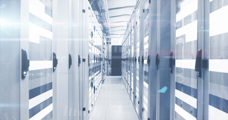 Image of digital data processing over server room