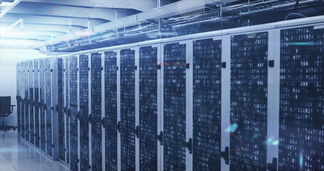 Image of digital data processing over server room