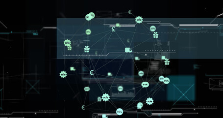 Image of clock and network of connections over dark background