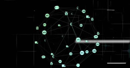 Image of clock and network of connections over dark background