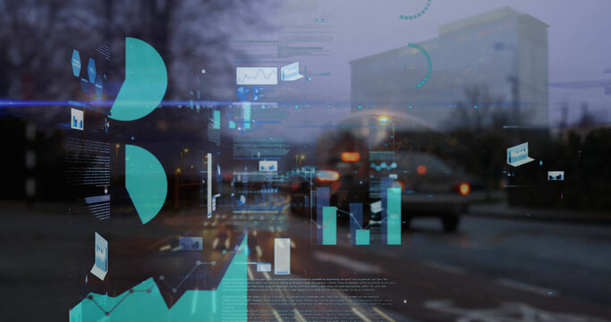 Image of statistical data processing against city traffic at night