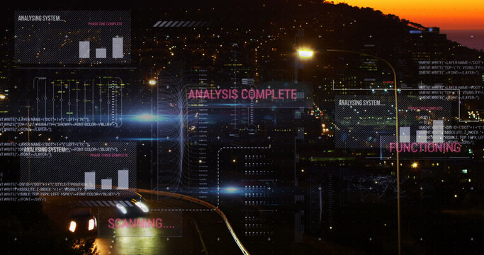 Image of interface with data processing against aerial view of city traffic at night