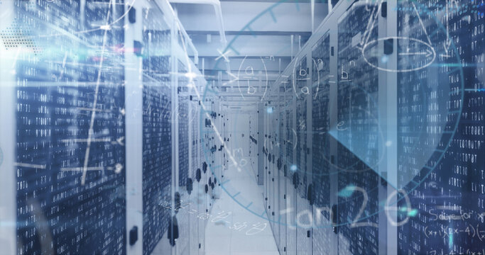 Image of digital data processing over server room