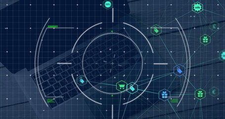 Image of network of connections over laptop and scope scanning