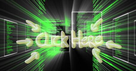 Obraz premium Image of click here text banner over screens with data processing black background