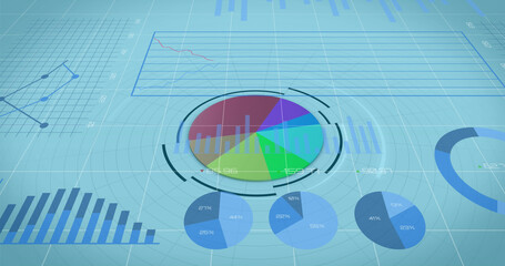 Image of financial data processing over financial graphs on blue background
