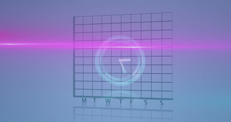 Image of neon ticking clock over statistical data processing against blue background