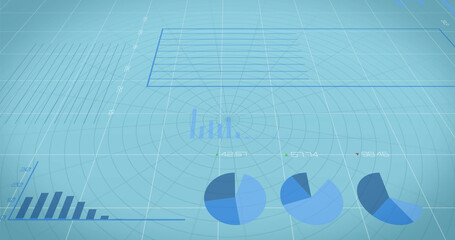 Image of financial data processing over financial graphs on blue background