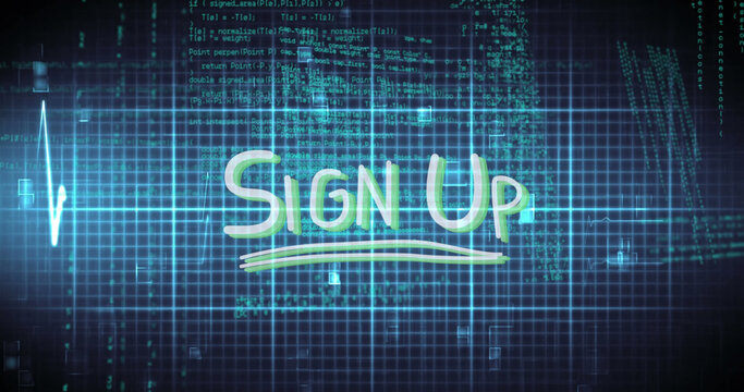 Image of sign up text over data processing - Powered by Adobe