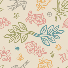 Vintage nature floral seamless repeat pattern. 