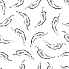 seamless black and white pattern with chili peppers, hand drawing with hatching