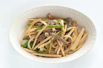 Chinese cooking, beef and bamboo shoot stir fried with green pepper
