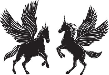 silhouette unicorns, pegasi on white background vector