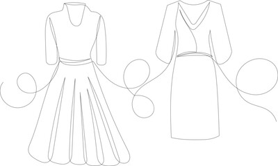 dresses sketch, one continuous line drawing, vector