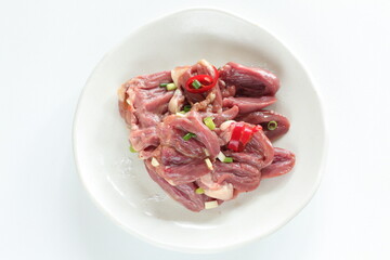 Chinese cooking, prepared Chicken heart and spring onion seasoning marinade 