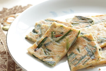 Korean food, leek pan cake with chili sauce for comfort food image