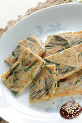 Korean food, leek pan cake with chili sauce for comfort food image