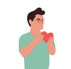 Naklejka premium Male volunteer.A person with a sense of affection, gratitude, offers his support and loveVector flat illustration isolated on white background.