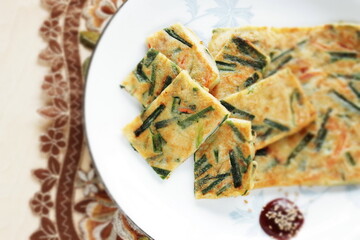 Korean food, leek pan cake with chili sauce for comfort food image