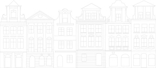 Cute houses, city buildings in Scandinavian style. Cosy town panorama with home exteriors, Scandi architecture. Urban street with chimneys, smoke. Flat vector illustration isolated on white background