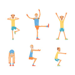 Senior and Mature Man Doing Physical Exercises Stretching Body and Strengthen Muscles Vector Set