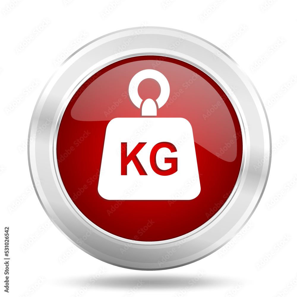 Poster kg red glossy vector icon, weight concept silver metallic round web button