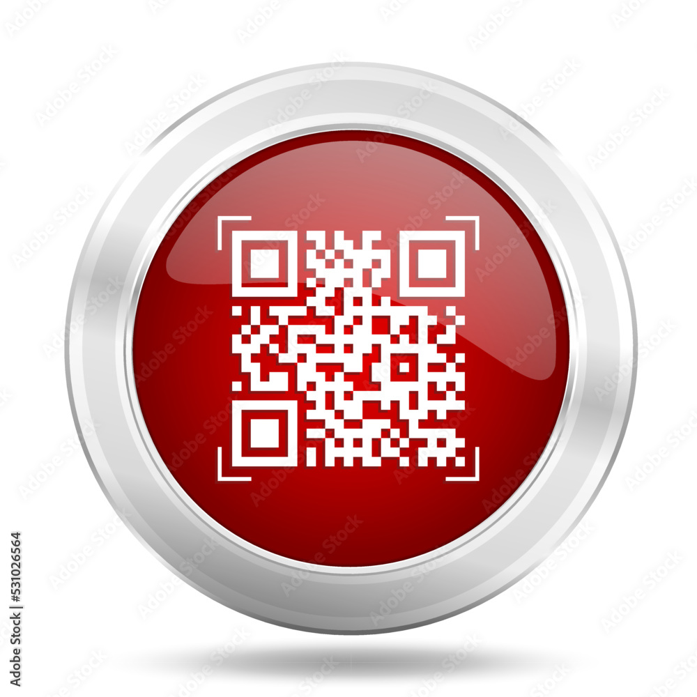 Poster QR code red glossy vector icon, business concept silver metallic round web button