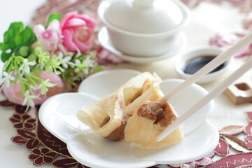 Chinese food, deep fried Wonton dumpling on white dish