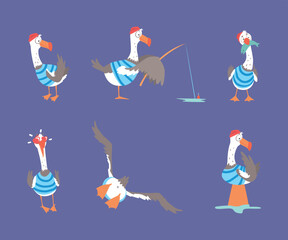 Seagull Sailor Character in Striped Vest and Hat Flying, in Love and Angling Fish with Catching Rod Vector Set