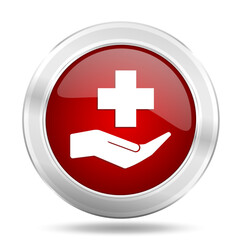 Obraz premium Hospital red glossy vector icon, healthcare concept silver metallic round web button