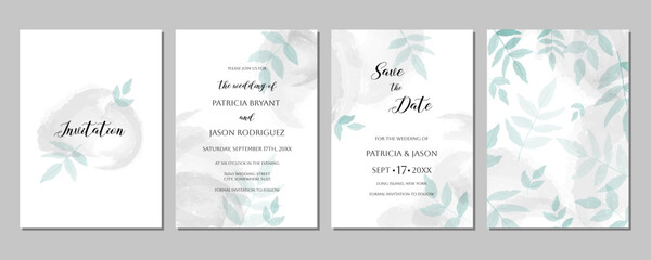 Minimalistic wedding invitation template. Branches and leaves on a white background