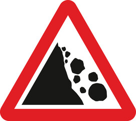 Falling or fallen rocks, The Highway Code Traffic Sign, Signs giving orders, Signs with red circles are mostly prohibitive. Plates below signs qualify their message.