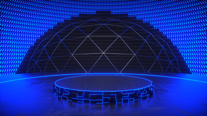Abstract background with a circle stage in front of a big sphere low poly construction surrounded with neon point lights
