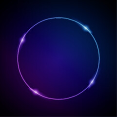 Neon Frame with Glow, and Sparkles. Electronic Luminous Circle Frame in Blue Colors, for Entertainment Message or Promotion Theme on Dark