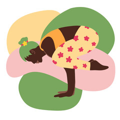 Hand drawn illustration of black African American woman in yoga pose. Modern green pink design for balance harmony wellness self help concept. Relaxation exercise fitness body sport.