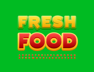 Vector advertising badge Fresh Food with bright Font. Modern set of Alphabet Letters and Numbers