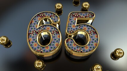 Vintage Royal Gold Floral Pattern 65 Number With Gold Metal Spheres Above The Glass Plane 3D Rendering