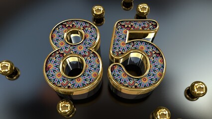 Vintage Royal Gold Floral Pattern 85 Number With Gold Metal Spheres Above The Glass Plane 3D Rendering