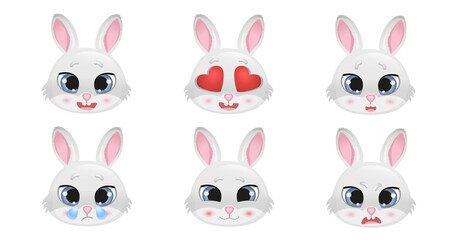 Range of different emotions.
Comic faces with various emotions. Portraits of emotional character. Set of cute bunnies in cartoon style vector illustration. Easter bunny. Symbol of the new year 2023.