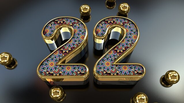 Vintage Royal Gold Floral Pattern 22 Number With Gold Metal Spheres Above The Glass Plane 3D Rendering