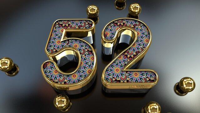 Vintage Royal Gold Floral Pattern 52 Number With Gold Metal Spheres Above The Glass Plane 3D Rendering