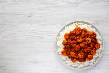 Homemade Cuban Shrimp Creole on a Plate, top view. Overhead, from above, flat lay. Copy space.