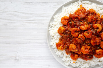 Homemade Cuban Shrimp Creole on a Plate, top view. Overhead, from above, flat lay. Copy space.