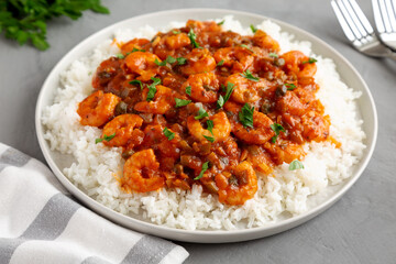 Homemade Cuban Shrimp Creole on a Plate on a gray background, side view. Close-up.