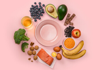 Best foods for brain and memory on pink background. Food for mind and charge of energy. Healthy lifestyle. Copy space. Top view. Mind diet