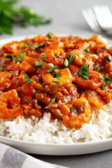 Homemade Cuban Shrimp Creole on a Plate on a gray surface, side view. Close-up.