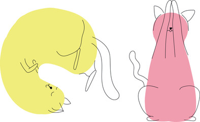 Funny cats in different poses. Simple kittens from spots and lines. Vector illustration isolated in yellow and pink.