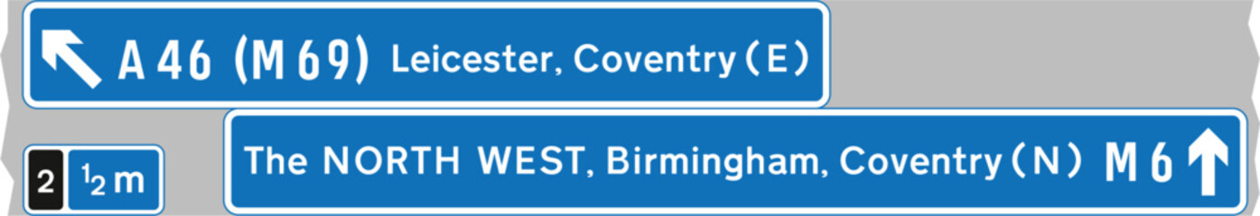 The panel with the inclined arrow indicates the destinations which can be reached by leaving the motorway at the next junction, The Highway Code Traffic Sign, Signs giving orders.